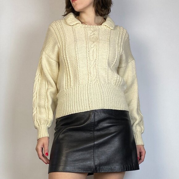 Vintage Cream CABLE Knit FISHERMAN Sweater with Collar Detail! Small to Medium - Picture 5 of 8